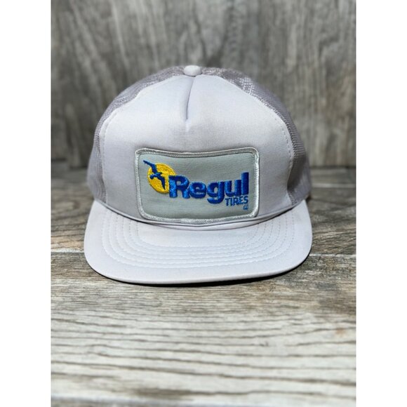 YR Headwear Other - Vintage 80's Regul Tire Flat Brim Grey Trucker Snapback Hat Baseball Cap Patch